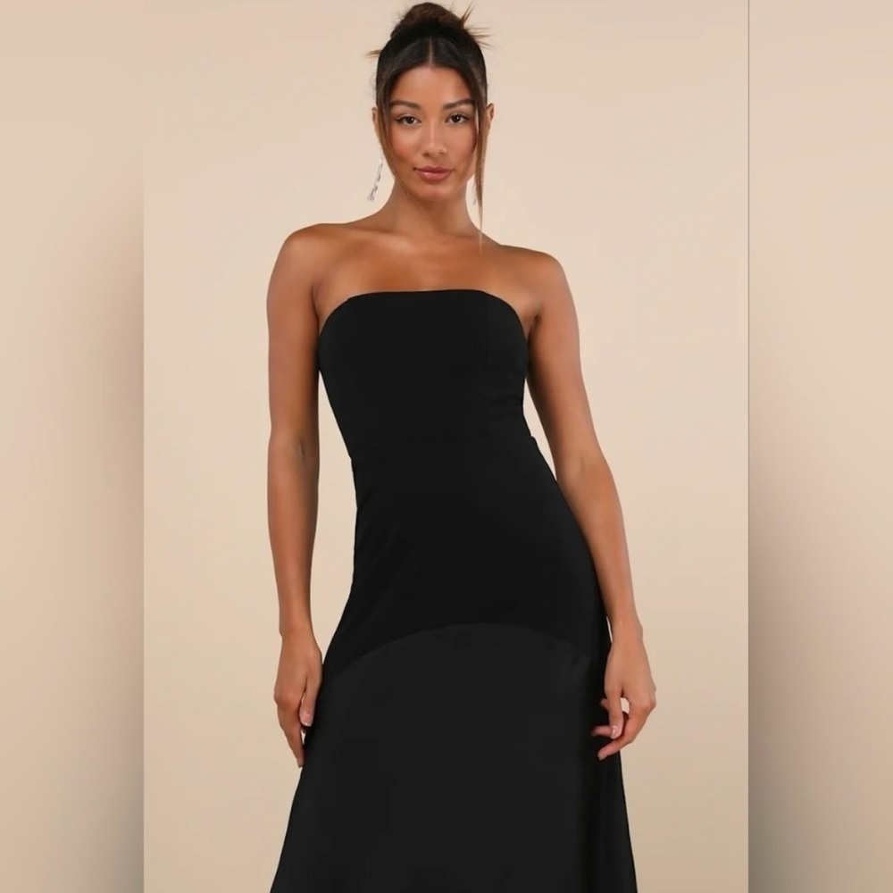 NWT - Lulus Compelling Elaris Mixed Media Black Strapless A-Line Maxi Dress - Picture 3 of 9